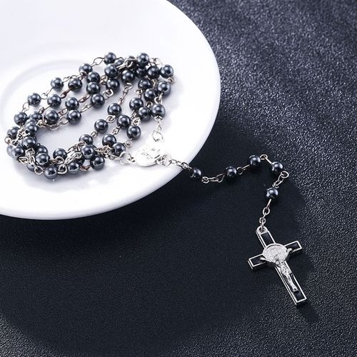 Ruženec na s glazúrovaným krížom, Ježíš Kristus, lesklé kovové koráliky