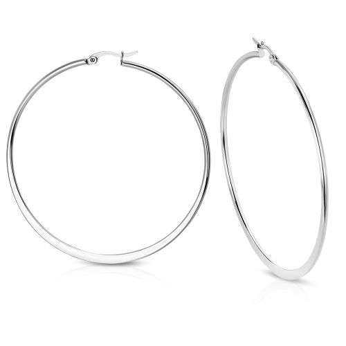 Dámske náušnice ploské kruhy z ocele, strieborná farba - 63 mm