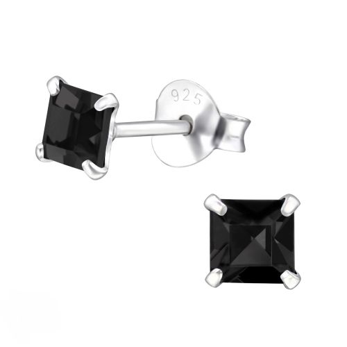 Strieborné náušnice 925, čierne zirkónové štvorce - 4 mm