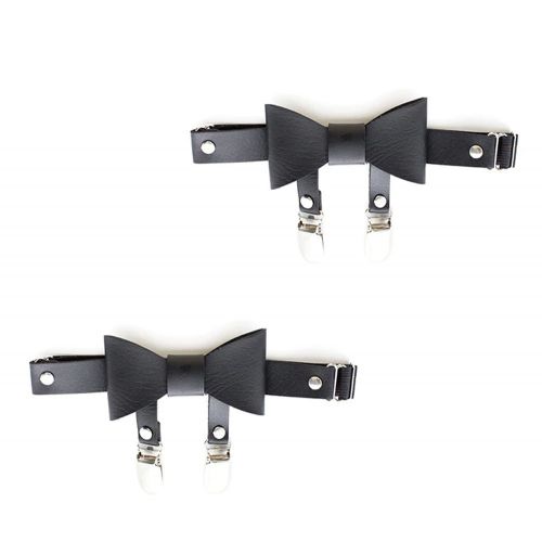 Leather garter on the leg, black leather and bow