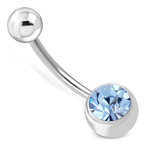 Piercing do pupka z ocele, gulička s fialovo-blankytným zirkónom