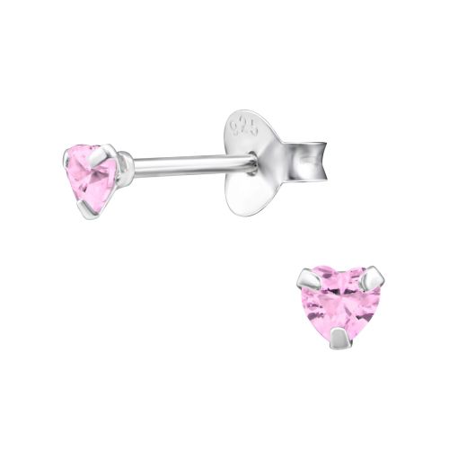 Detské strieborné náušnice 925, ružové zirkónové srdcia - 3 mm