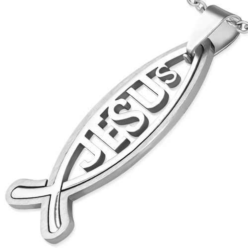 Dvojitý prívesok na krk, chirurgická oceľ, ryba a nápis JESUS