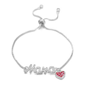 Dámsky náramok striebornej farby, nápis "Mama", srdce, číre a červené zirkóny - bižutéria