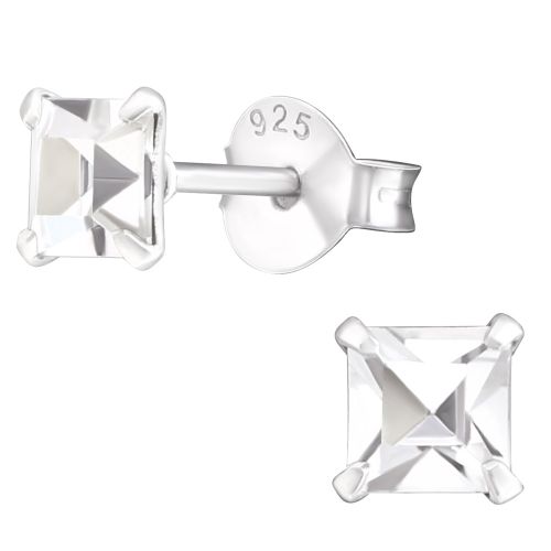 Dámske strieborné náušnice 925, číre zirkónové štvorce - 4 mm