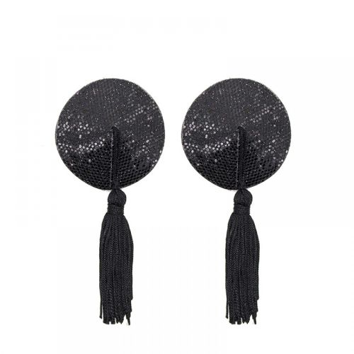 Nipple stickers with tassels, black glittering circles