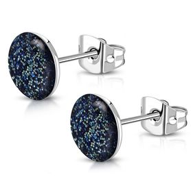 Puzetové náušnice z ocele, trblietky striebornej a modrej farby