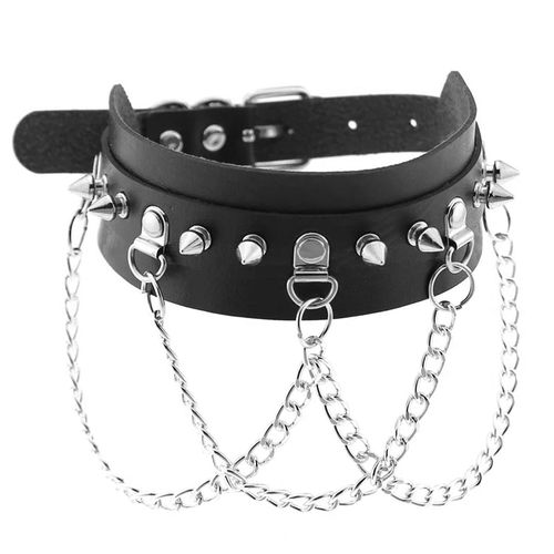 Kožený čierny erotický choker, strieborné ostne a retiazka