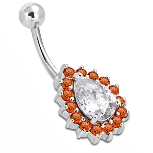 Piercing do pupka z ocele, zirkónová slza, oranžová a číra farba