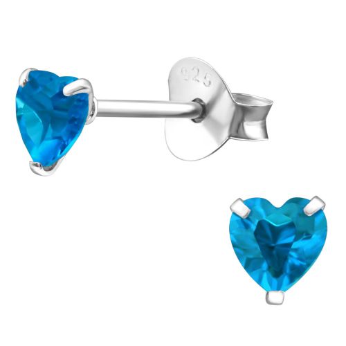Dámske strieborné náušnice 925, modré srdce, zirkón - 4 mm