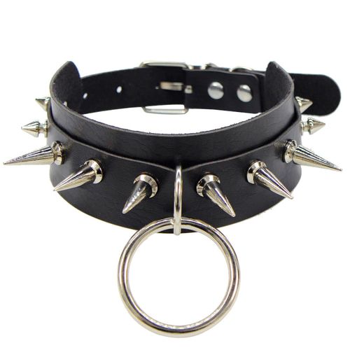 Čierny erotický kožený choker, strieborné kovové ostne a elementy