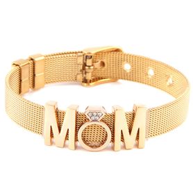 Dámsky náramok z ocele, opasok, zlatá farba, prívesok prsteň, nápis MOM