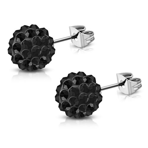 Čierne Shamballa náušnice z chirurgickej ocele - 6 mm