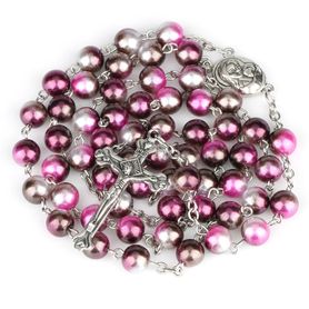 Ruženec s krížom a svätou pôdou, Ježíš Kristus a Panna Mária, plastové fialovo-strieborné guličky