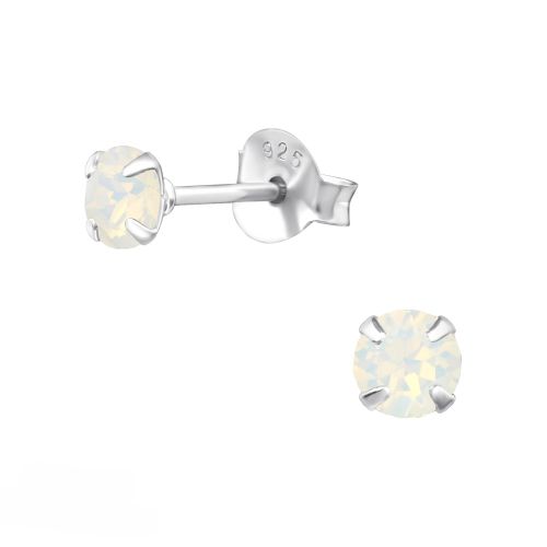 Náušnice zo striebra 925, okrúhle dúhovo-mliečné zirkóny - 4 mm