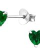 Dámske strieborné náušnice 925, zelené zirkónové srdcia - 4 mm