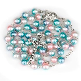 Ruženec s krížom a svätou pôdou, Ježíš Kristus a Panna Mária, plastové blankytno-ružové guličky