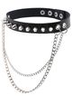 Černý erotický kožený choker, stříbrné kovové ostny a řetízek