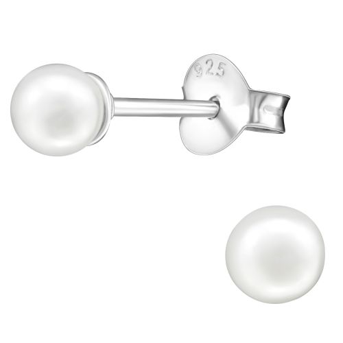 Detské strieborné náušnice 925, biela perlička - 4 mm