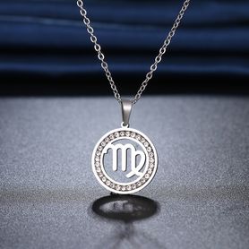 Retiazka s príveskom zverokruhu, oceľ, zirkóny, strieborná farba - "PANNA"