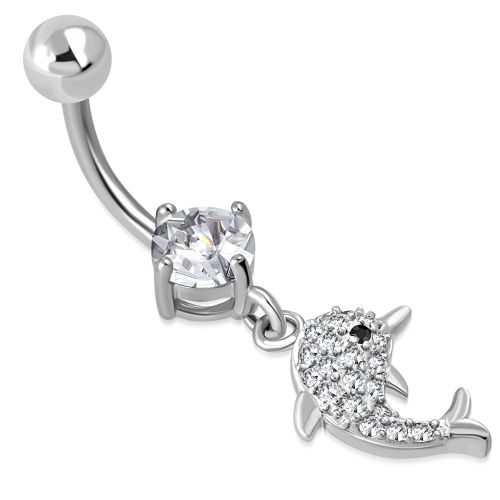 Piercing do brucha z ocele, malý delfín a číry zirkón