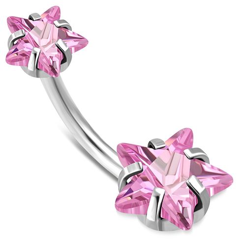 Piercing do pupka z chirurgickej ocele, ružové zirkónové hviezdy