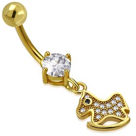 Piercing do brucha z ocele zlatej farby, hojdací koník so zirkónmi
