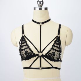 Black open bra, chest harness with lace - Leslye
