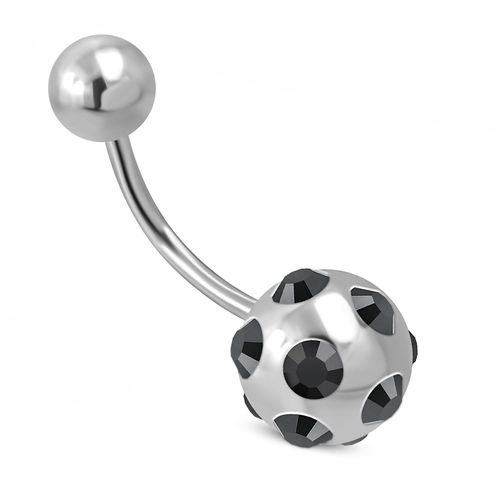 Piercing do pupka z ocele, gulička s čiernymi zirkónmi