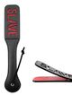 BDSM leather slapper, black color and red inscription SLAVE