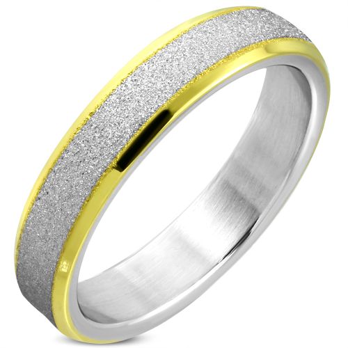 Pieskovaný prsteň z chirurgickej ocele, zlatá a strieborná farba - 5 mm