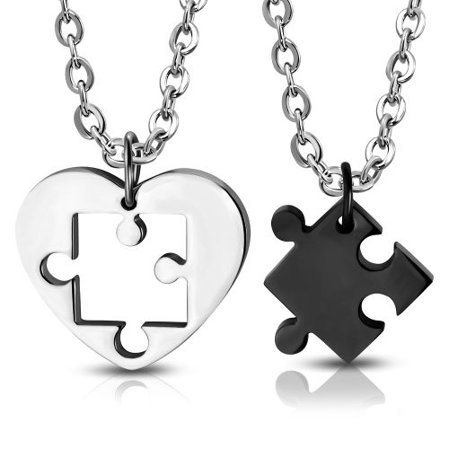 Prívesok pre dvoch, puzzle a srdce, oceľ, strieborná a čierna farba