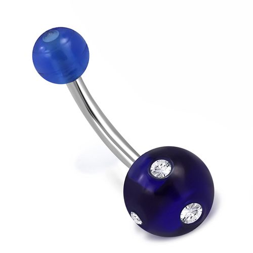 Piercing do pupka z ocele, modré plastové guličky, číre zirkóny