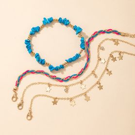 Sada 4 náramkov na nohu, modré koráliky, šnúrky, retiazky, hviezdy - bižutéria
