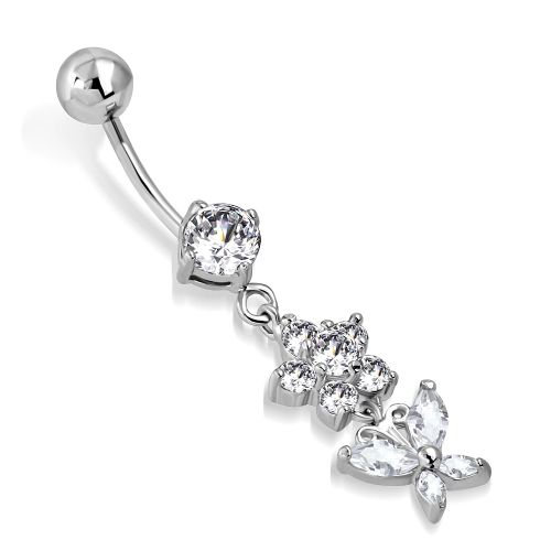Piercing do brucha z ocele striebornej farby, zirkónový kvietok a motýľ