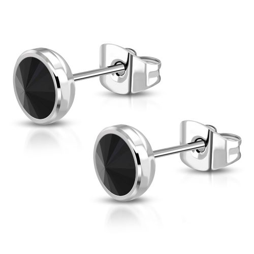 Náušnice z ocele pre ženu s čiernym zirkónom, strieborná farba - 6 mm
