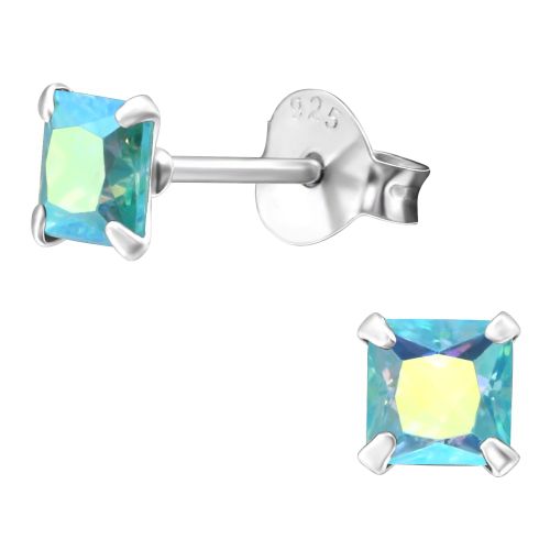 Strieborné náušnice 925, štvorce s dúhovým zirkónom - 4 mm