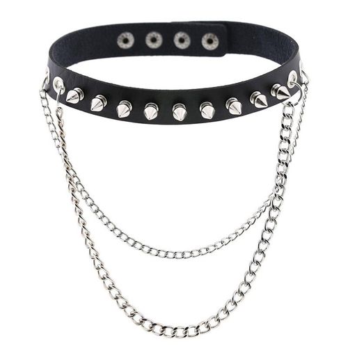 Černý erotický kožený choker, stříbrné kovové ostny a řetízek