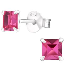 Dámske strieborné náušnice 925, ružové zirkónové štvorce - 4 mm