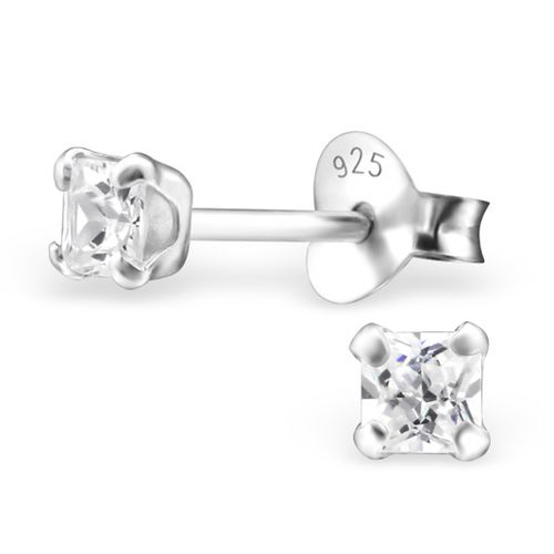 Strieborné náušnice 925, štvorce s čírym zirkónom - 4 mm