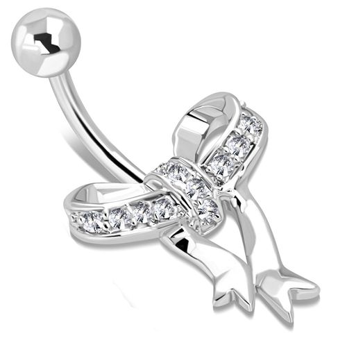 Piercing do brucha z ocele striebornej farby, zikrónová väčšia mašľa