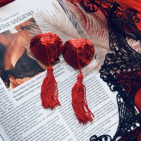 Nipple stickers with tassel, red sequined hearts
