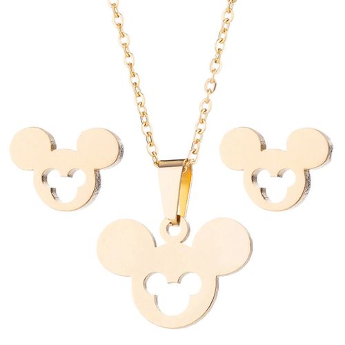 Sada prívesok s retiazkou a náušnice z ocele, Mickey Mouse zlatej farby, výrez