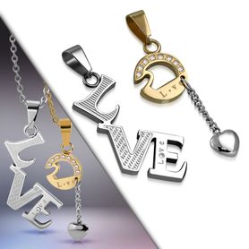 Prívesok pre dvoch z ocele, "LOVE", srdce a zirkóny, dve farby
