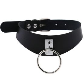 Black erotic choker, silver metal ring, belt