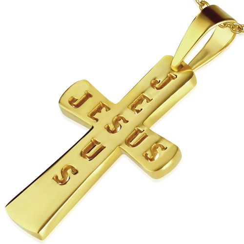 Prívesok kríž z chirurgickej ocele, zlatá farba, nápis JESUS