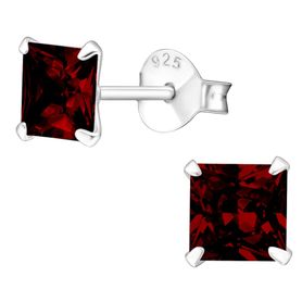 Dámske strieborné náušnice 925, červené zirkónové štvorce - 5 mm
