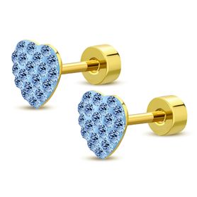 Detské šrubovacie náušnice, zirkónové blankytné srdce, oceľ zlatej farby