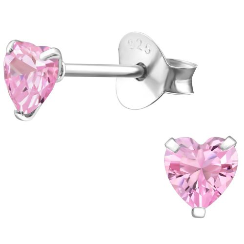 Dámske strieborné náušnice 925, ružové zirkónové srdcia - 4 mm