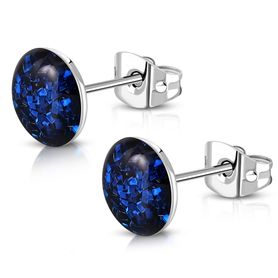 Puzetové náušnice z ocele, trblietky tmavomodrej farby - 8 mm